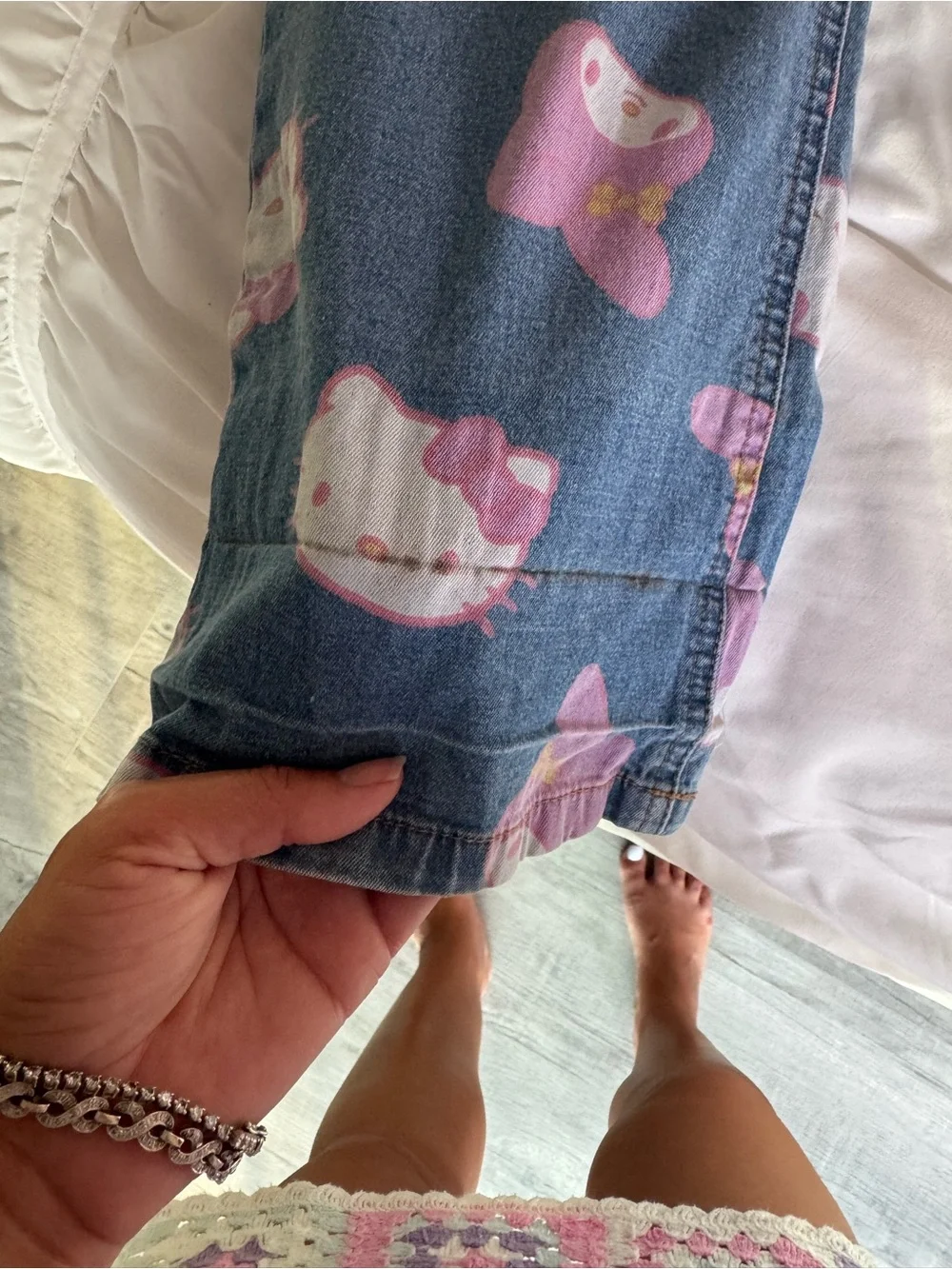 Blue Denim Flared Pants with Pink Hello Kitty Print